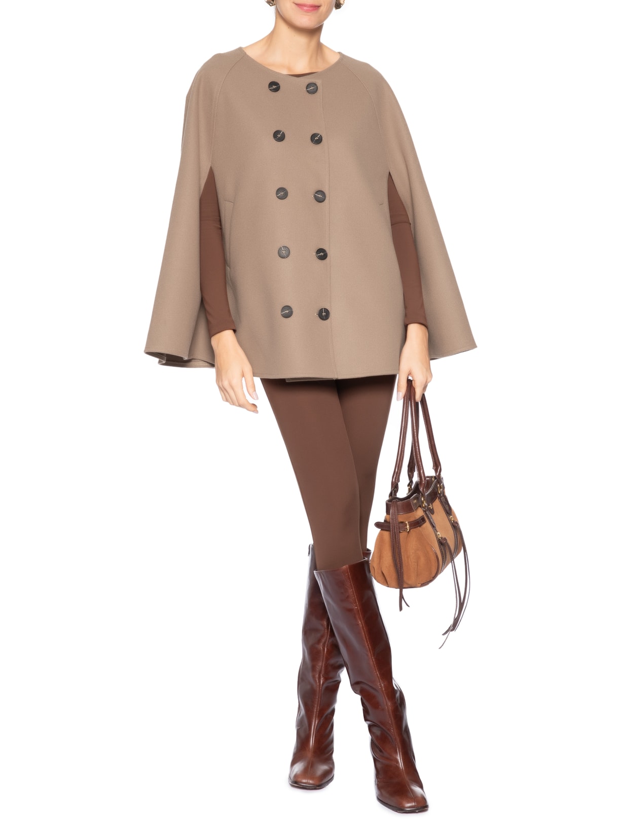 Poncho Feminino Amplo Com Botões Frontais Bege '2Essential