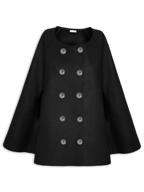 Poncho Feminino Amplo Com Botões Frontais - Preto