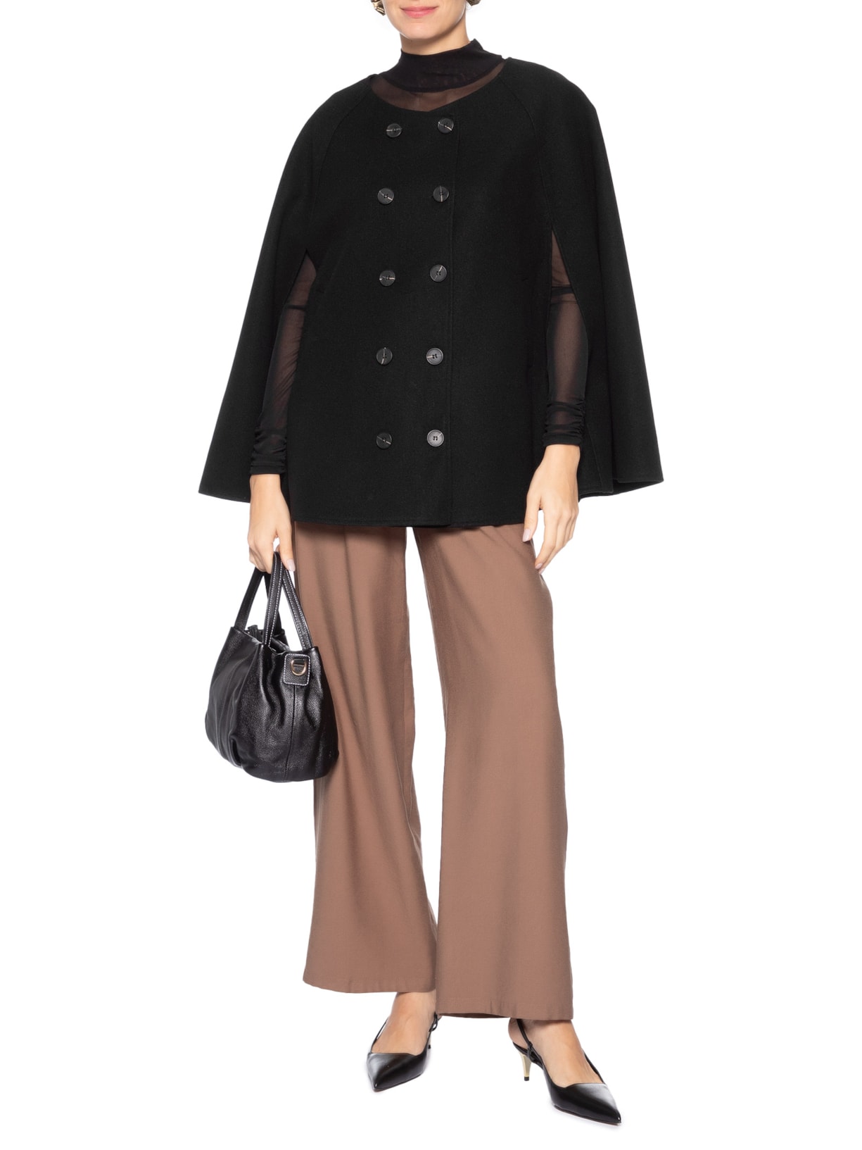 Poncho Feminino Amplo Com Botões Frontais Preto '2Essential