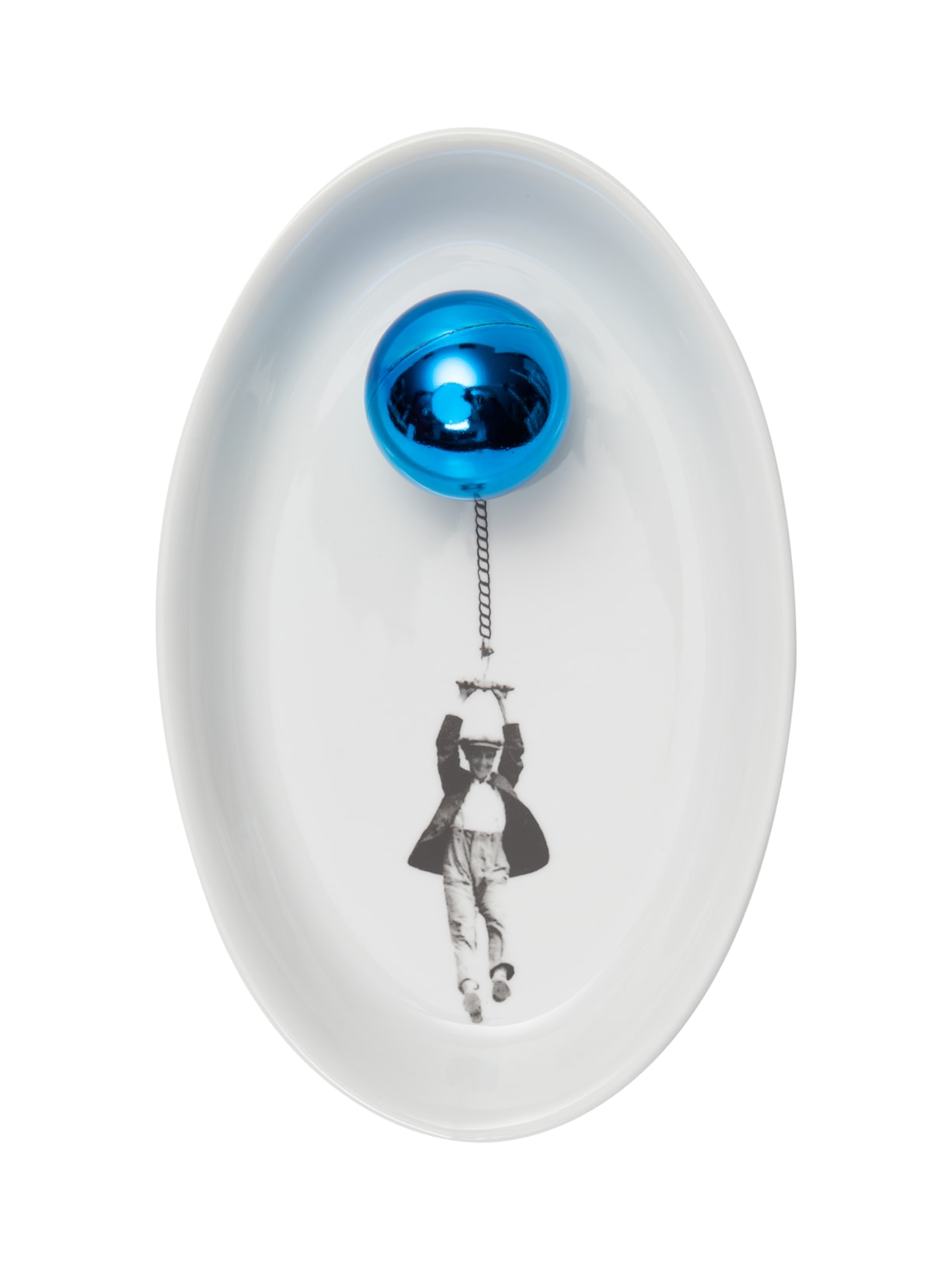 Prato Decorativo Oval Homem Balão Azul - Branco