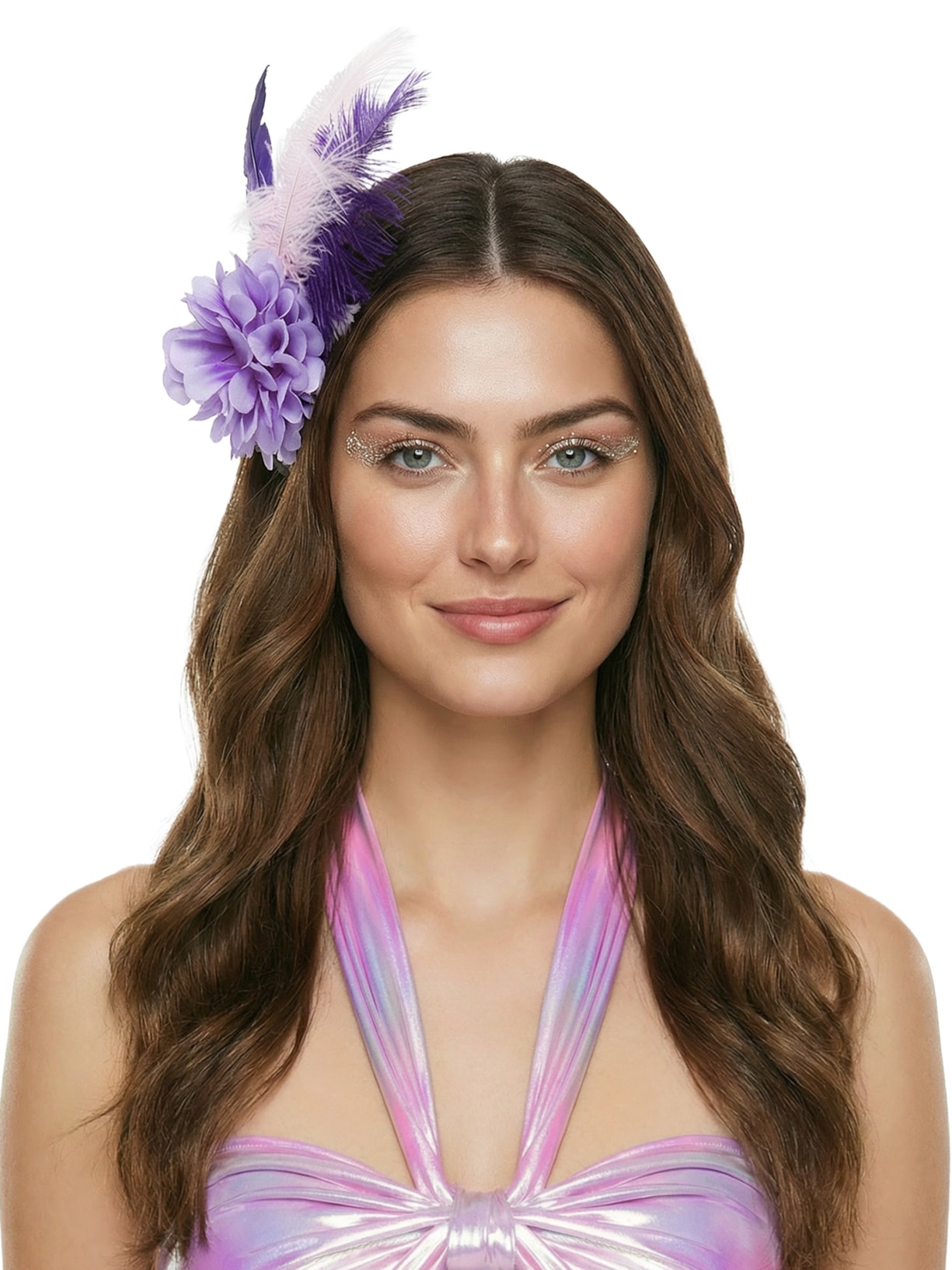 Presilha Feminina Carnaval Penas E Flor Roxo Market 33