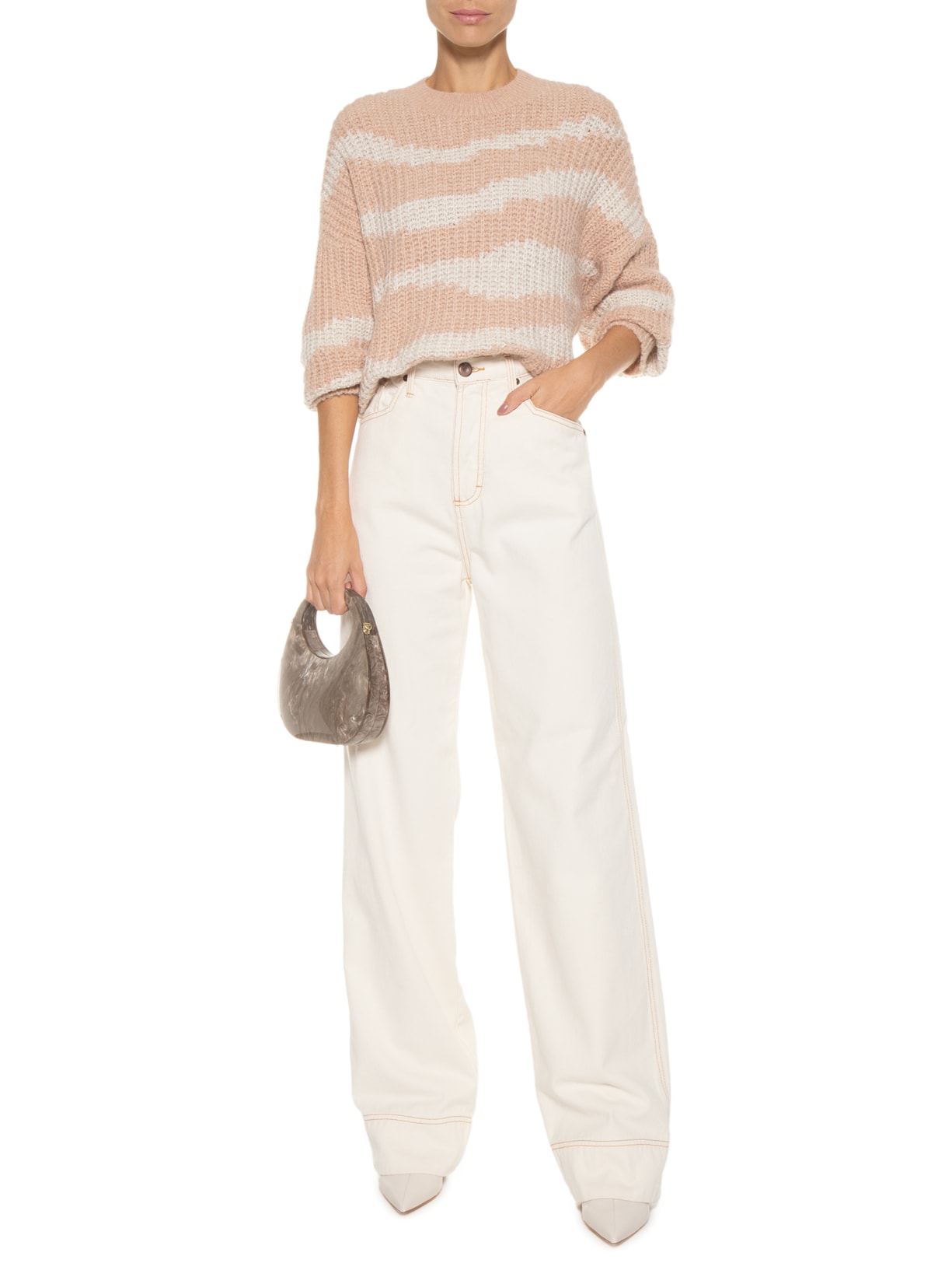 Pull Feminino Manga Longa Intarcia Tricot Bege Animale