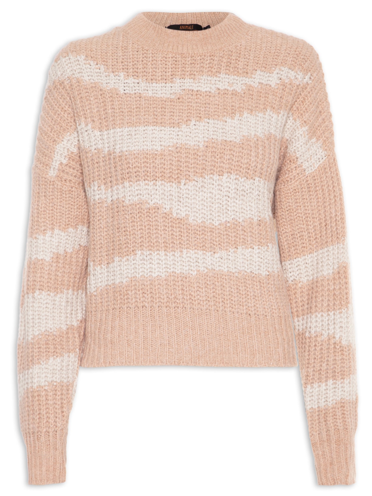 Pull Feminino Manga Longa Intarcia Tricot Bege Animale