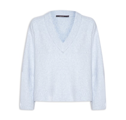 Pull Tricot Feminino Gola V Barra Canelada - Azul