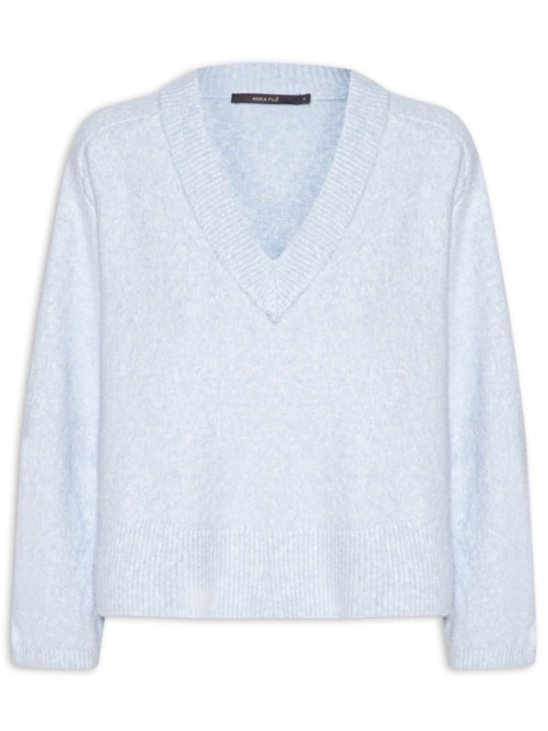 Pull Tricot Feminino Gola V Barra Canelada - Azul