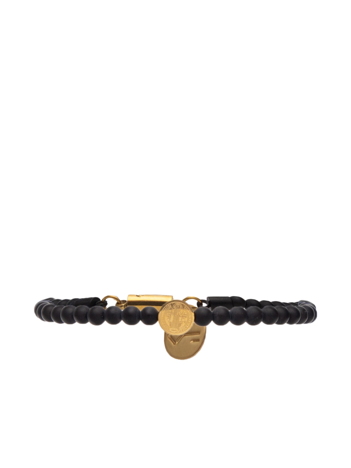 Pulseira Masculina Griffin De Pedra Natural Ágata Preta E Medalha Benta De Aço Dourado Preto Key Design