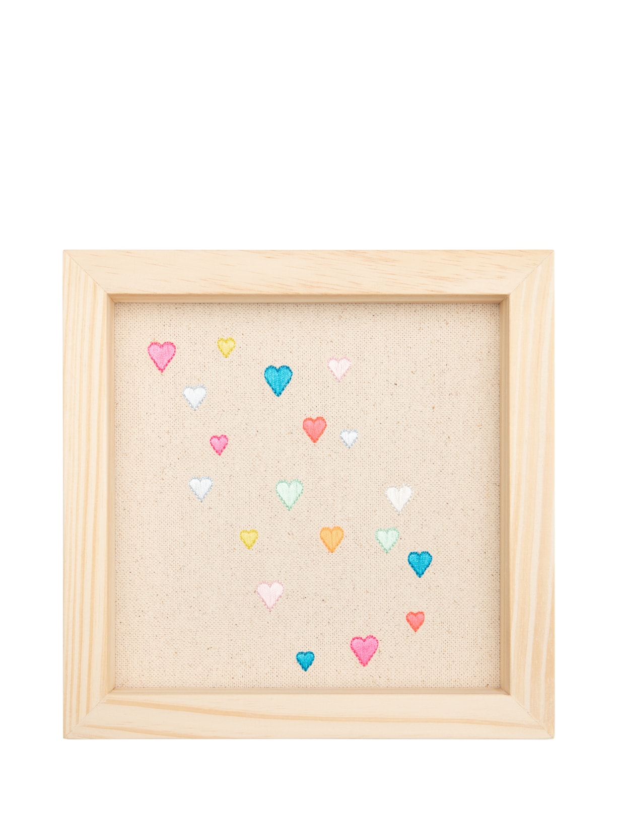 Quadro Box Bordado Corações Em Madeira M 1 Peça - Bege