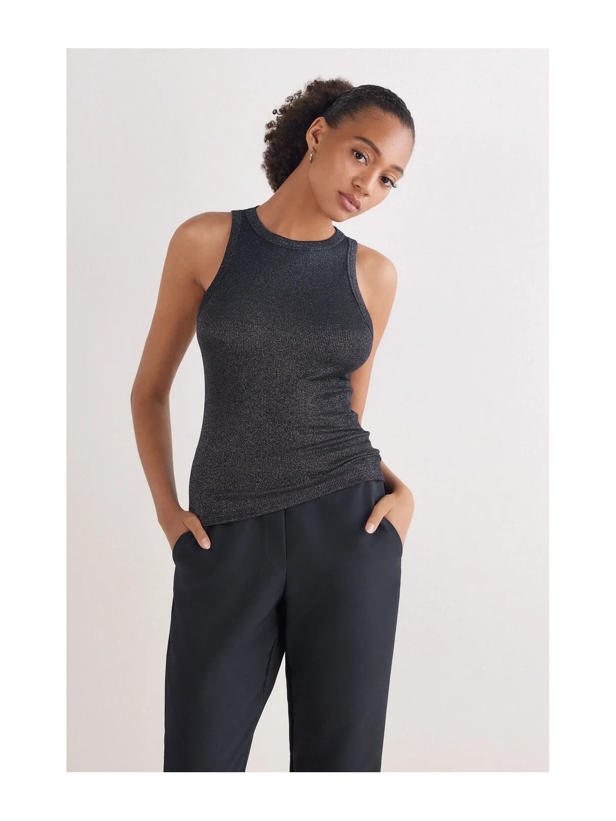 Regata Canelada Em Algodão Lamê Preto Intimissimi