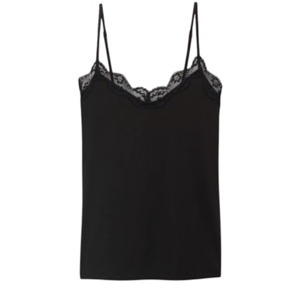 Regata Canelada Em Viscose e Rendayour Everyday Wear - Preto