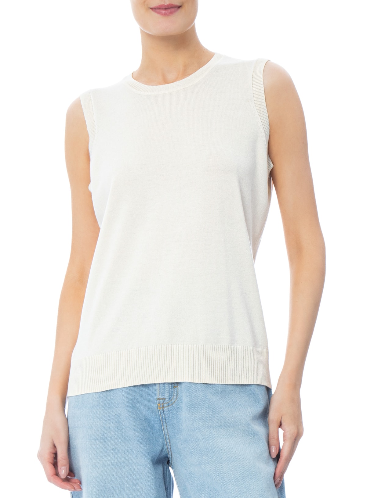 Regata Feminina Alongada em Tricot Off White Basiq