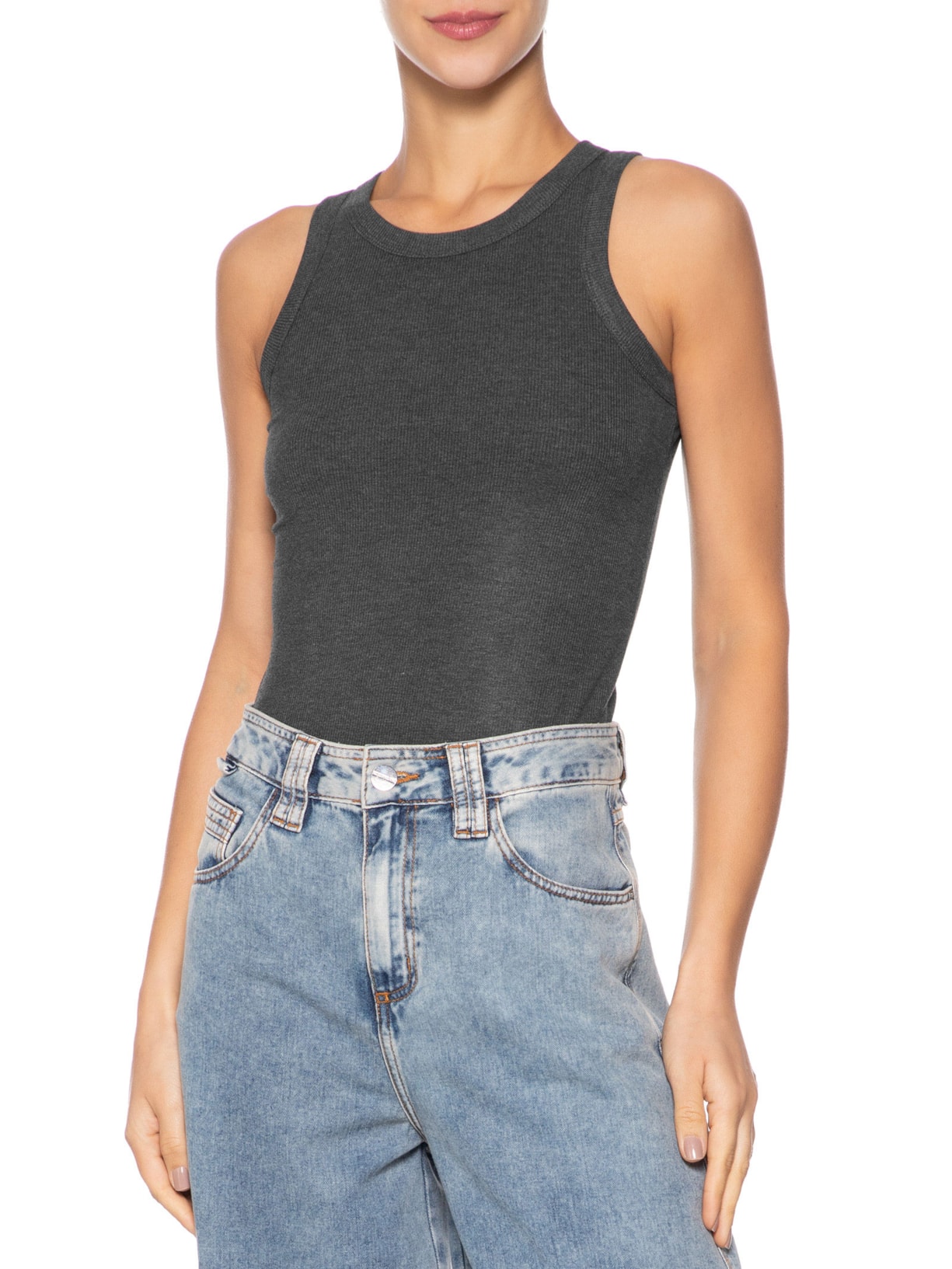 Regata Feminina Básica Canelada Cinza Basiq