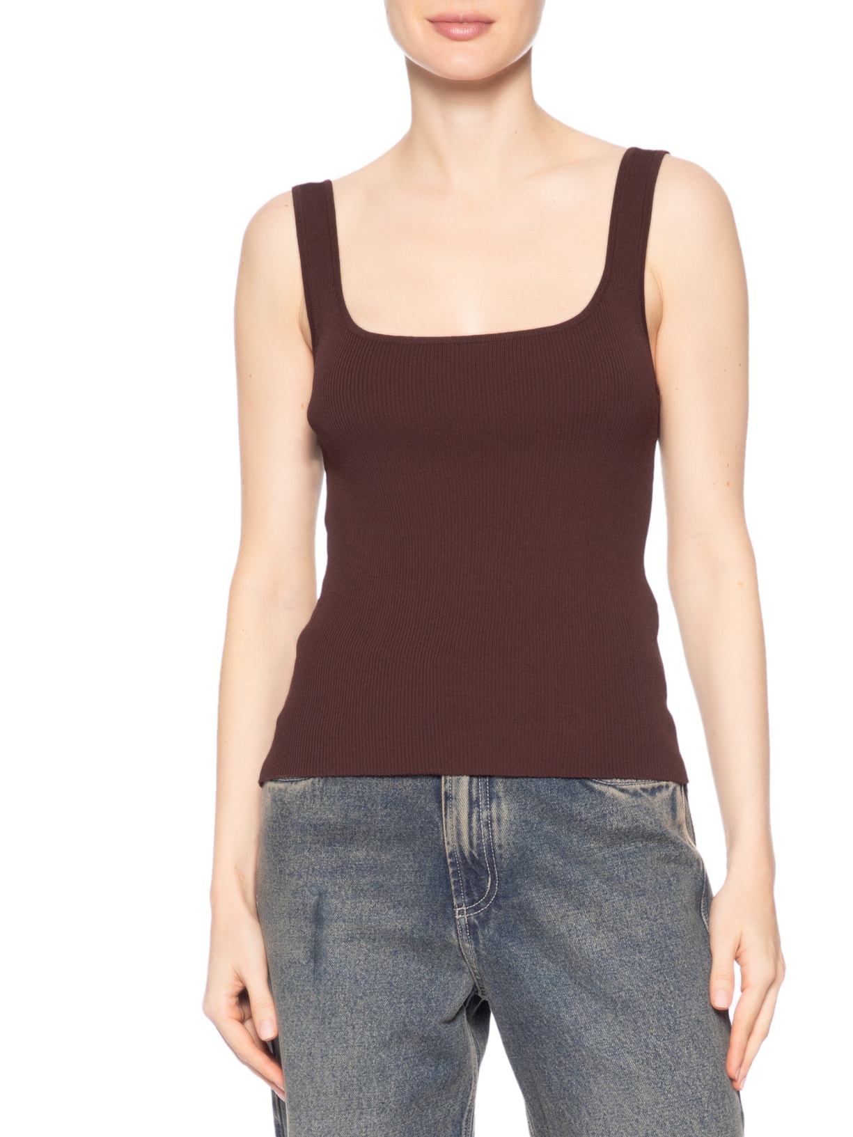 Regata Feminina Básica De Tricot Decote Quadrado Marrom Animale Jeans
