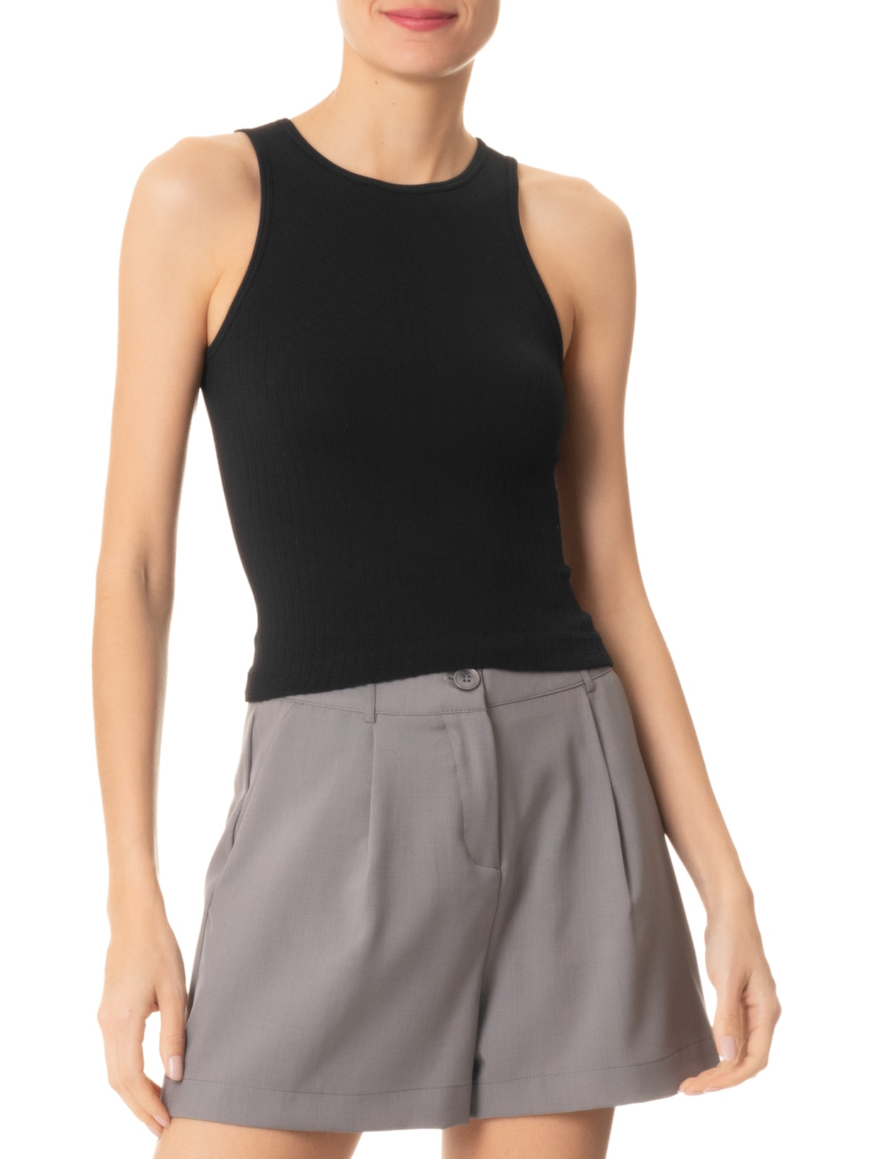 Regata Feminina Básica Poliamida Canelada Preto Basiq