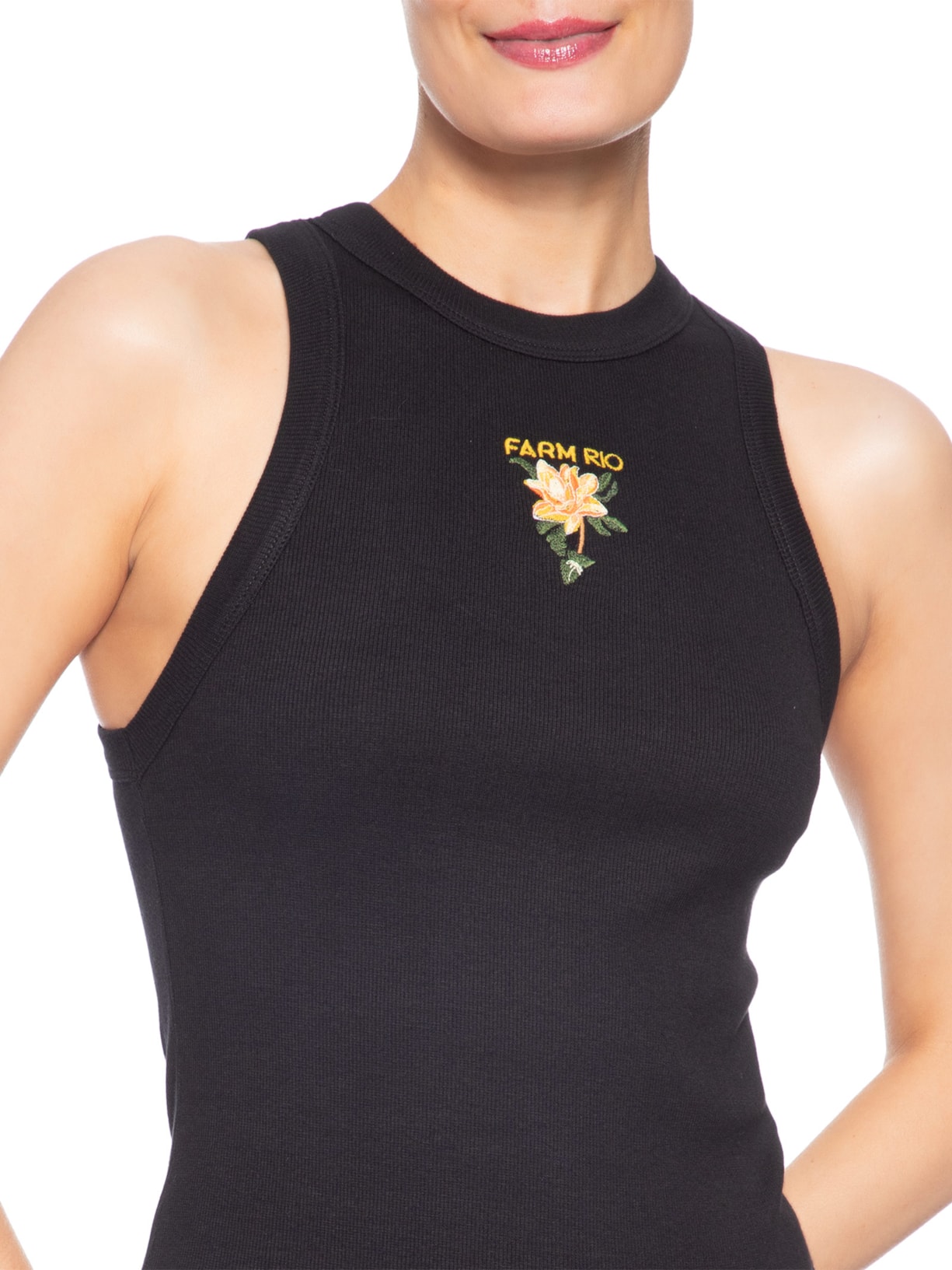 Regata Feminina Bordada Flor de Banana Preto Farm