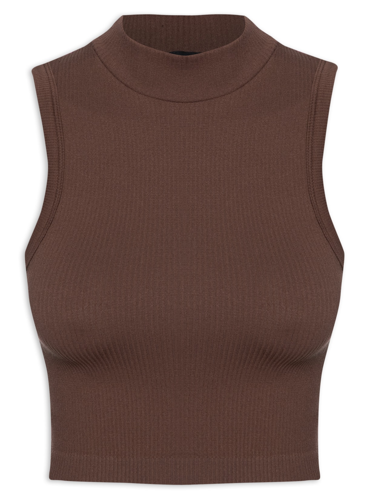 Regata Feminina Canelada Com Gola Alta - Marrom