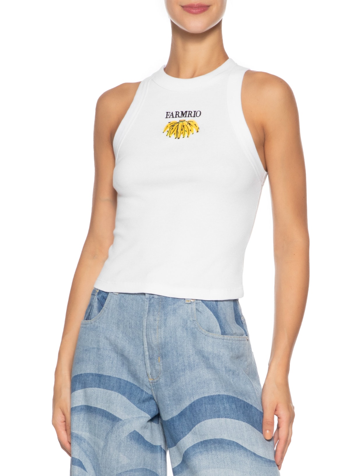 Regata Feminina Cropped Bordada Banana Branco Farm