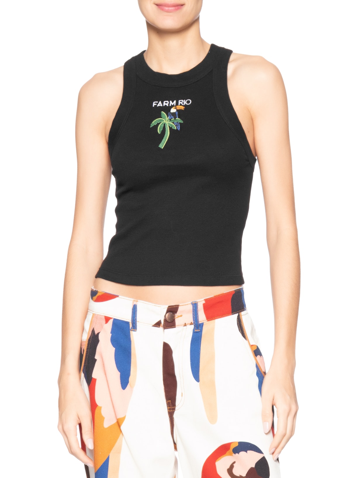 Regata Feminina Cropped Bordada Coqueiro Preto Farm