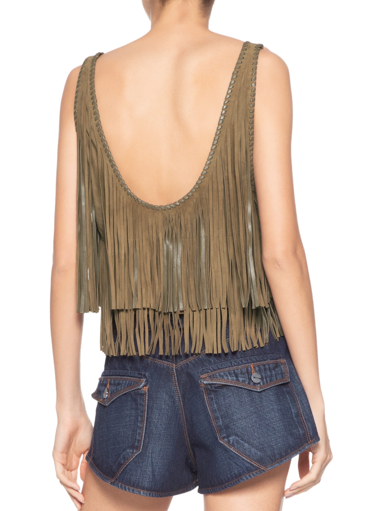 Regata Feminina De Couro Com Franjas Verde Animale