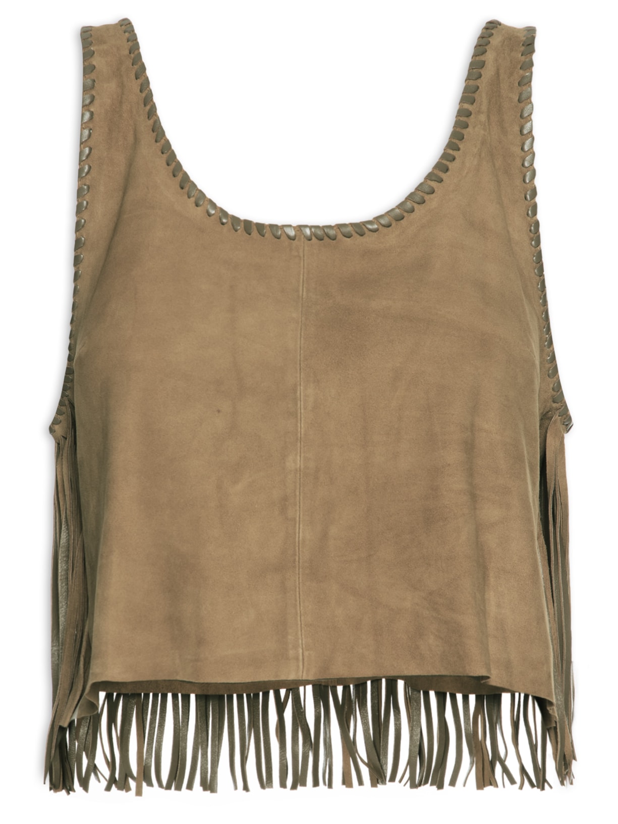 Regata Feminina De Couro Com Franjas Verde Animale