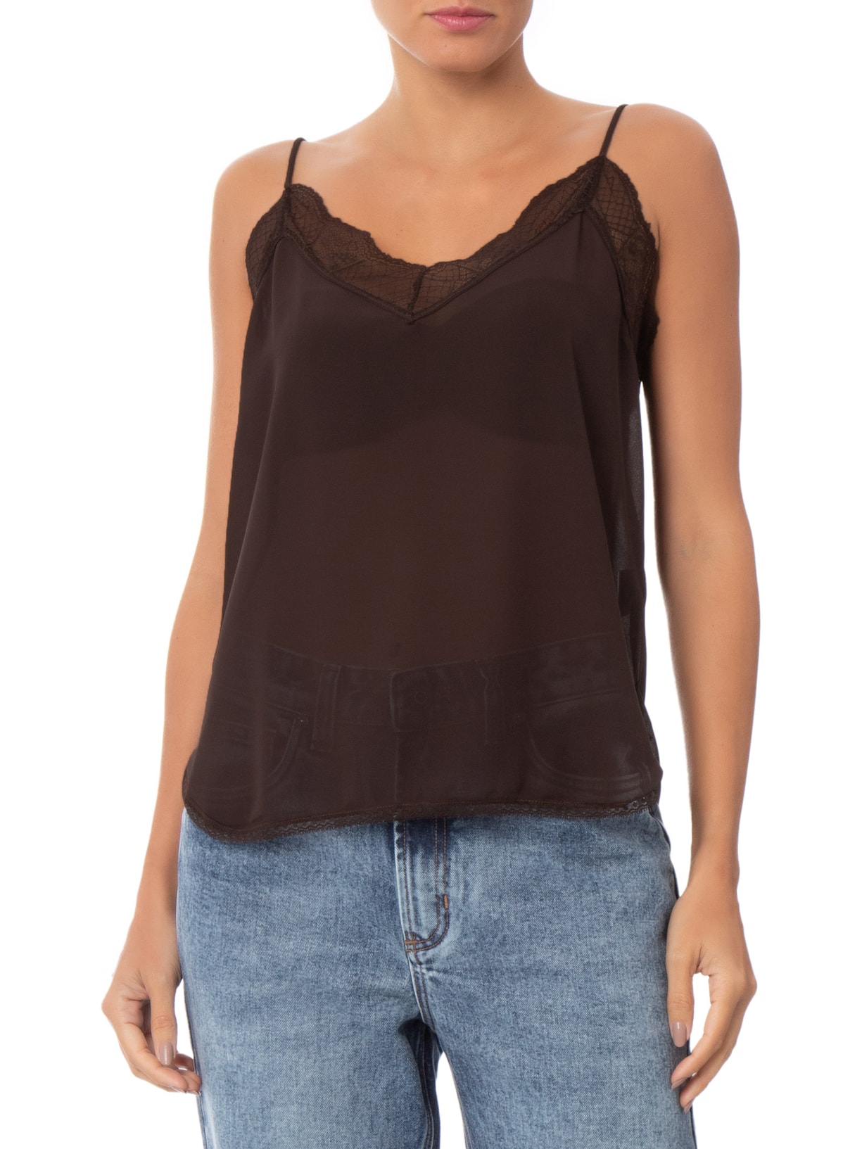Regata Feminina De GGT Com Renda Marrom Animale Jeans