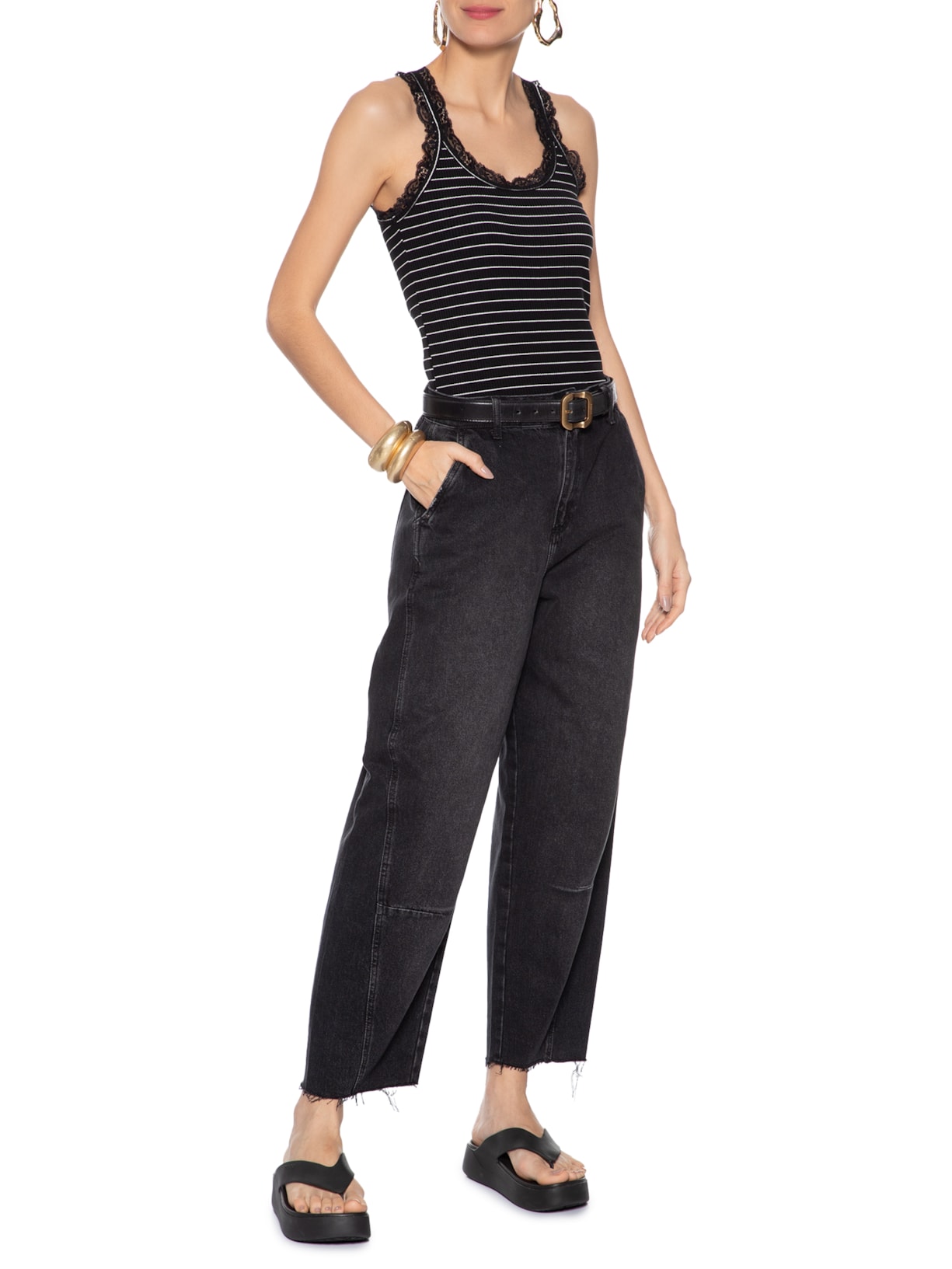 Regata Feminina De Malha Com Renda Preto Animale Jeans
