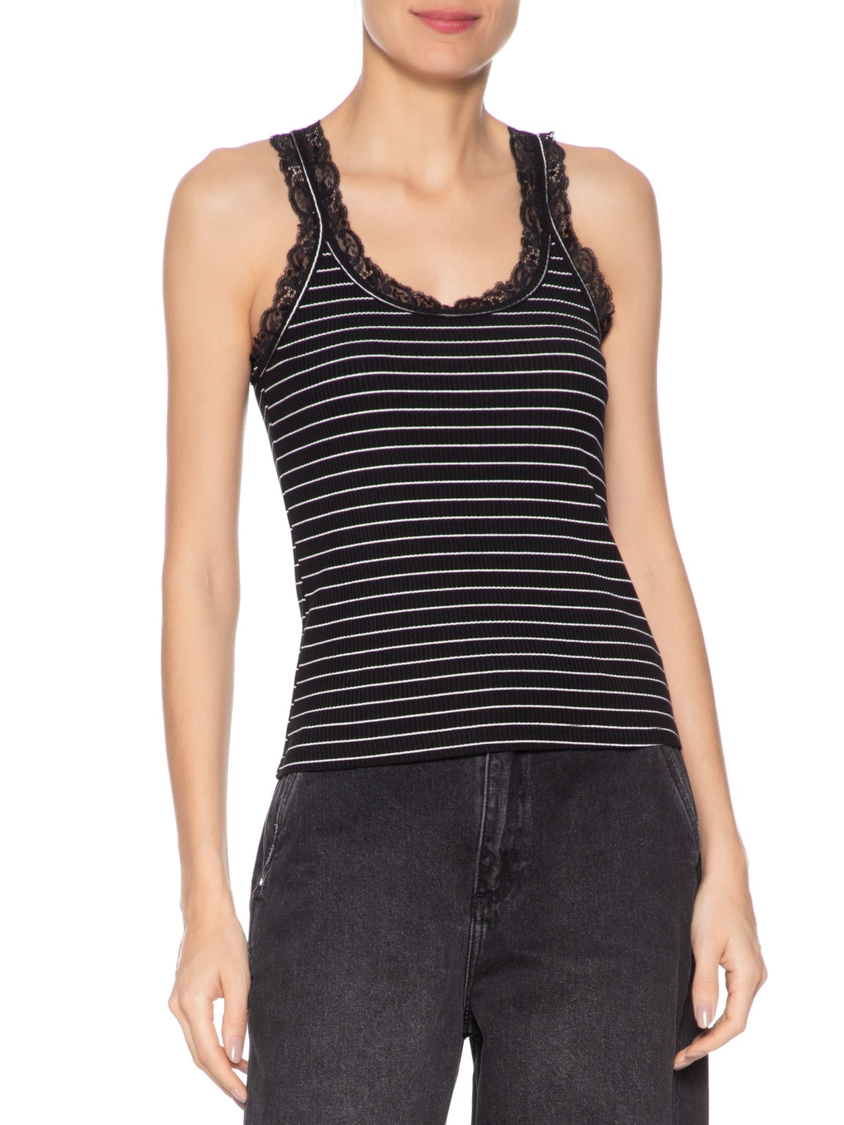 Regata Feminina De Malha Com Renda Preto Animale Jeans