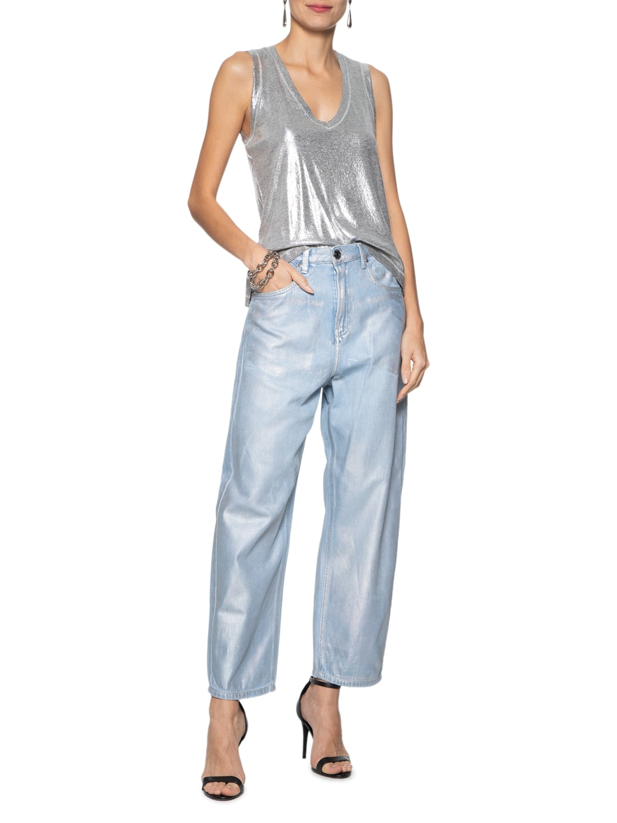 Regata Feminina De Malha Decote V Metalizada Prata Animale Jeans