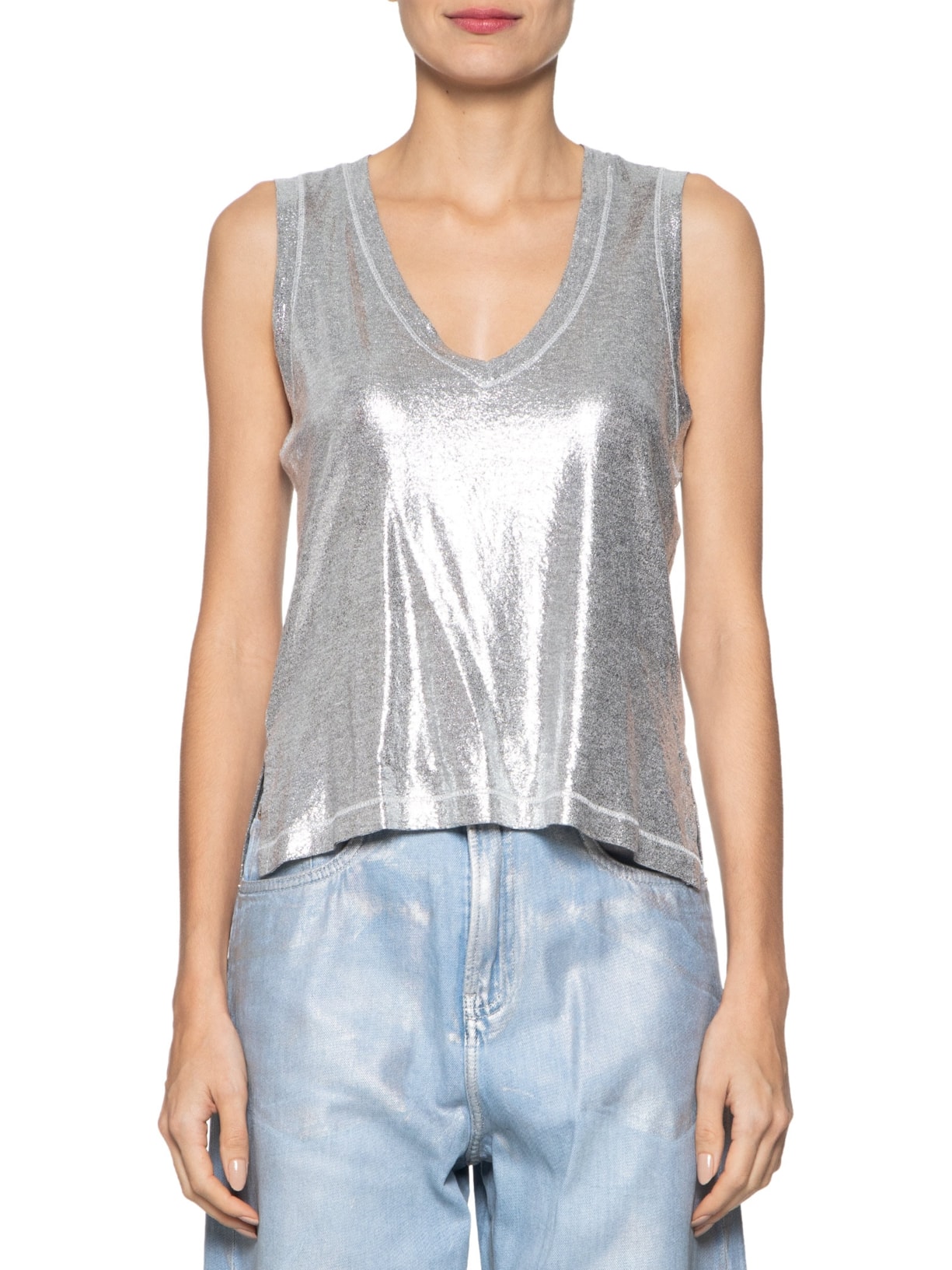 Regata Feminina De Malha Decote V Metalizada Prata Animale Jeans