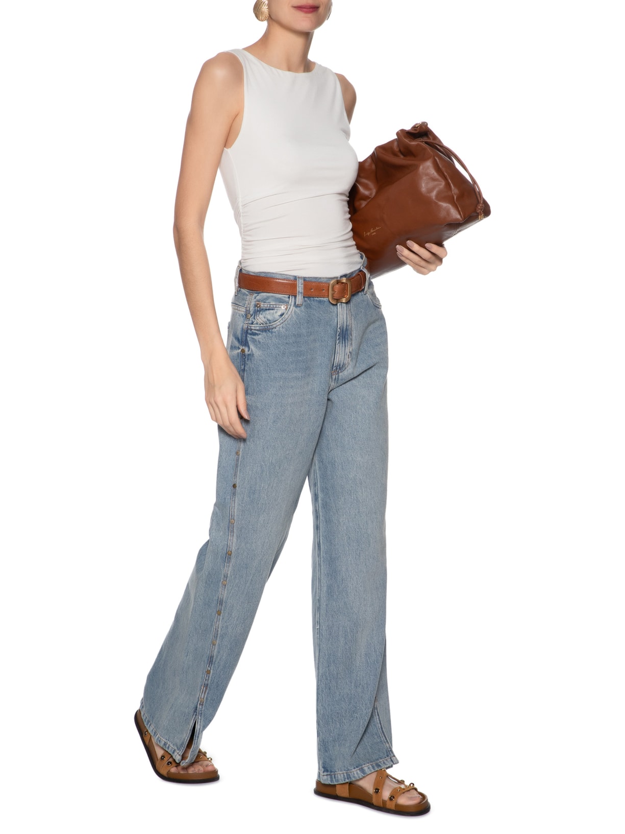 Regata Feminina De Malha Franzida Branco Animale Jeans