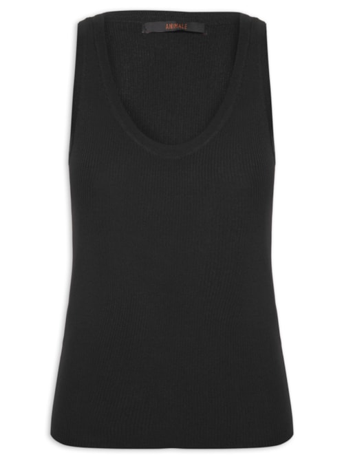 Regata Feminina De Tricot Canelado Com Decote U Básica - Preto