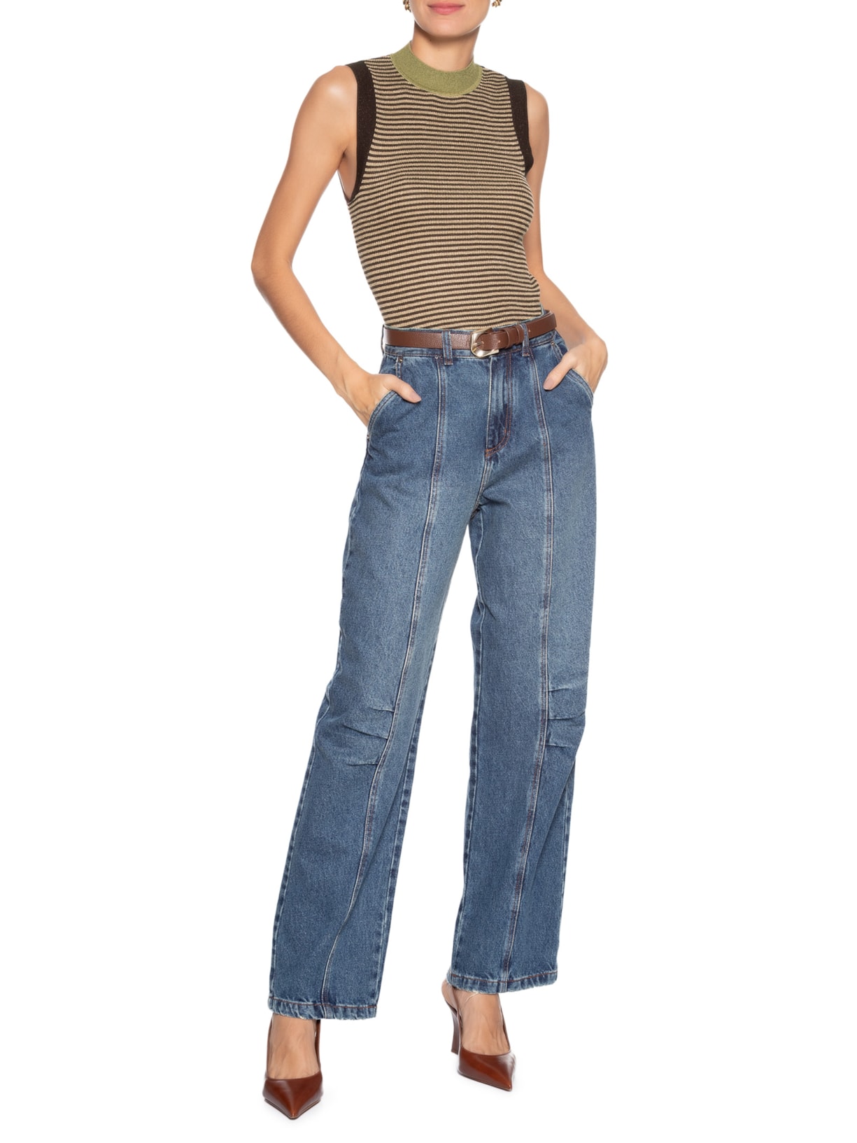 Regata Feminina de Tricot com Lurex Listrada Marrom Animale