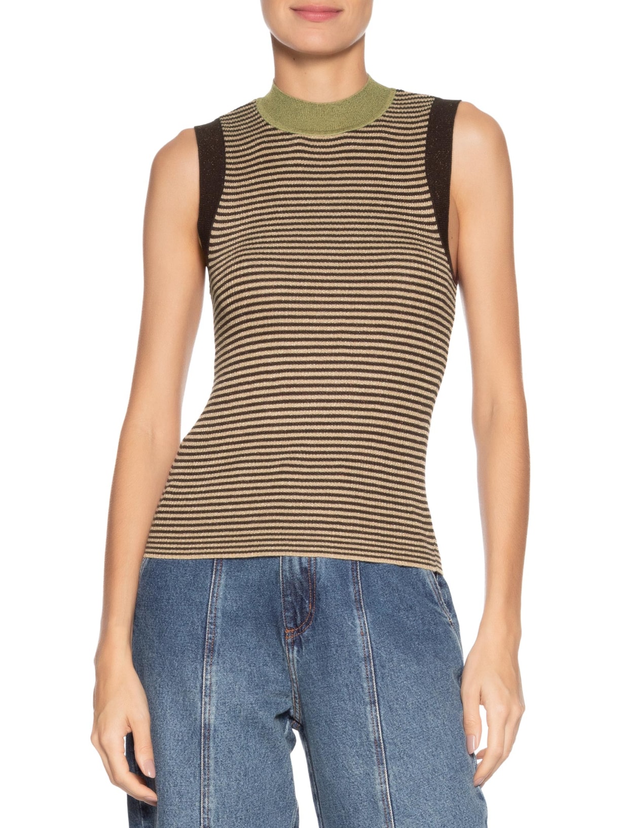 Regata Feminina de Tricot com Lurex Listrada Marrom Animale