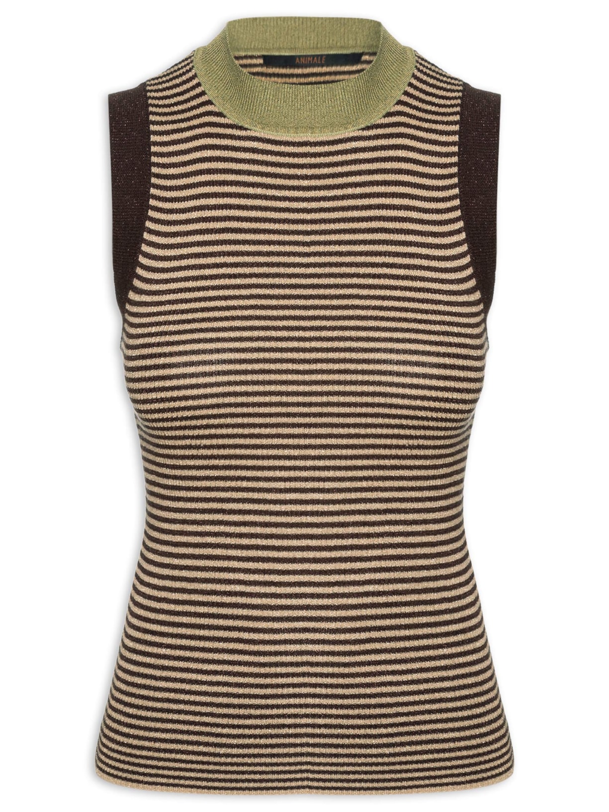 Regata Feminina de Tricot com Lurex Listrada Marrom Animale