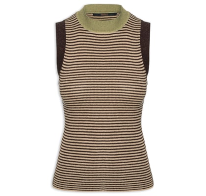 Regata Feminina de Tricot com Lurex Listrada - Marrom