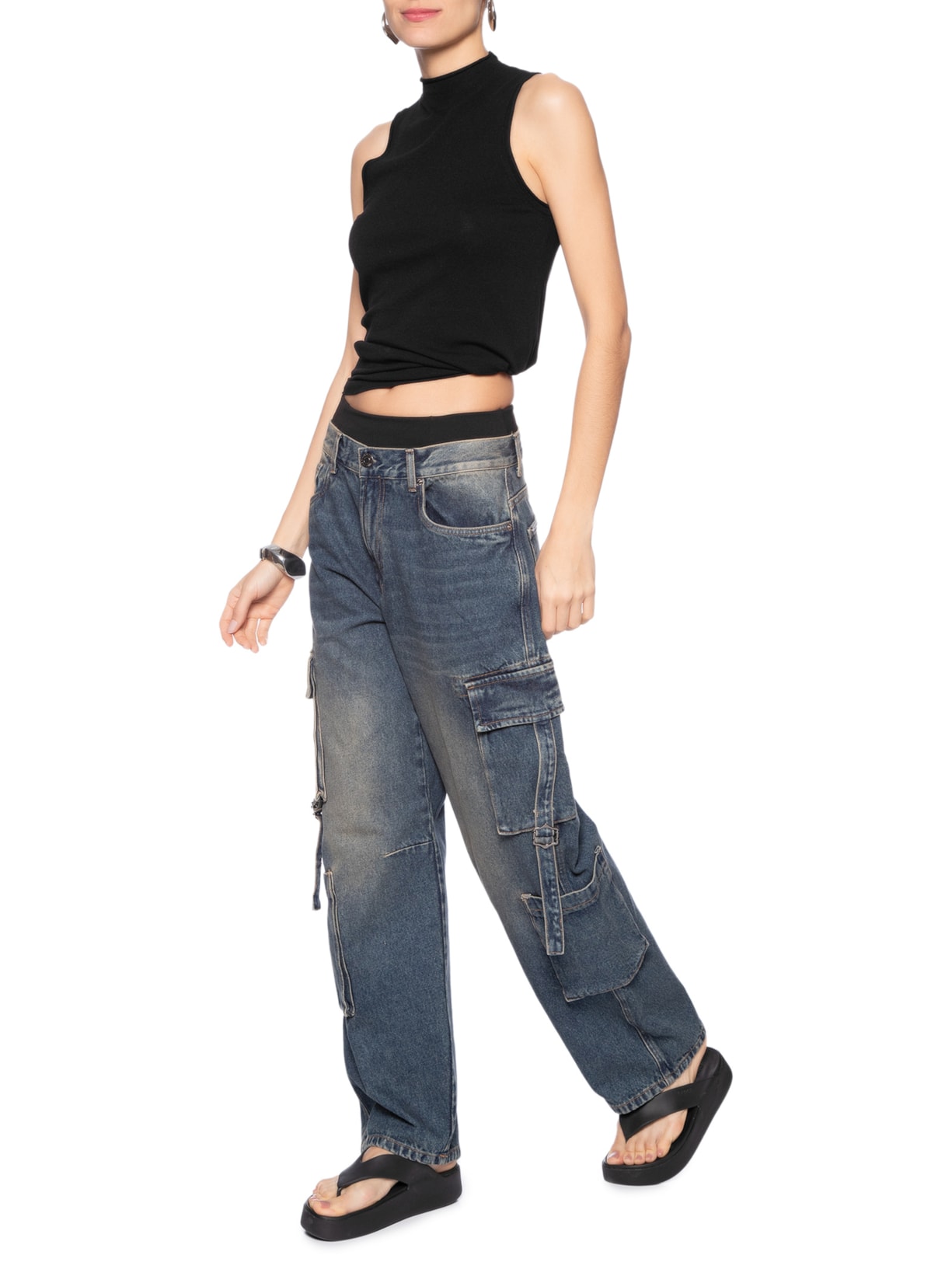 Regata Feminina De Tricot Cropped Rib Larga Preto Animale Jeans