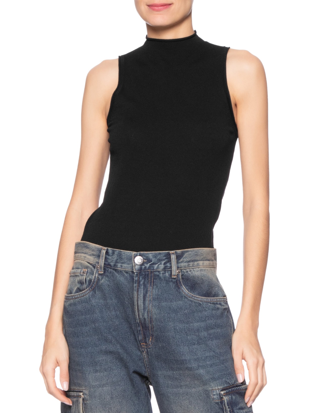 Regata Feminina De Tricot Cropped Rib Larga Preto Animale Jeans