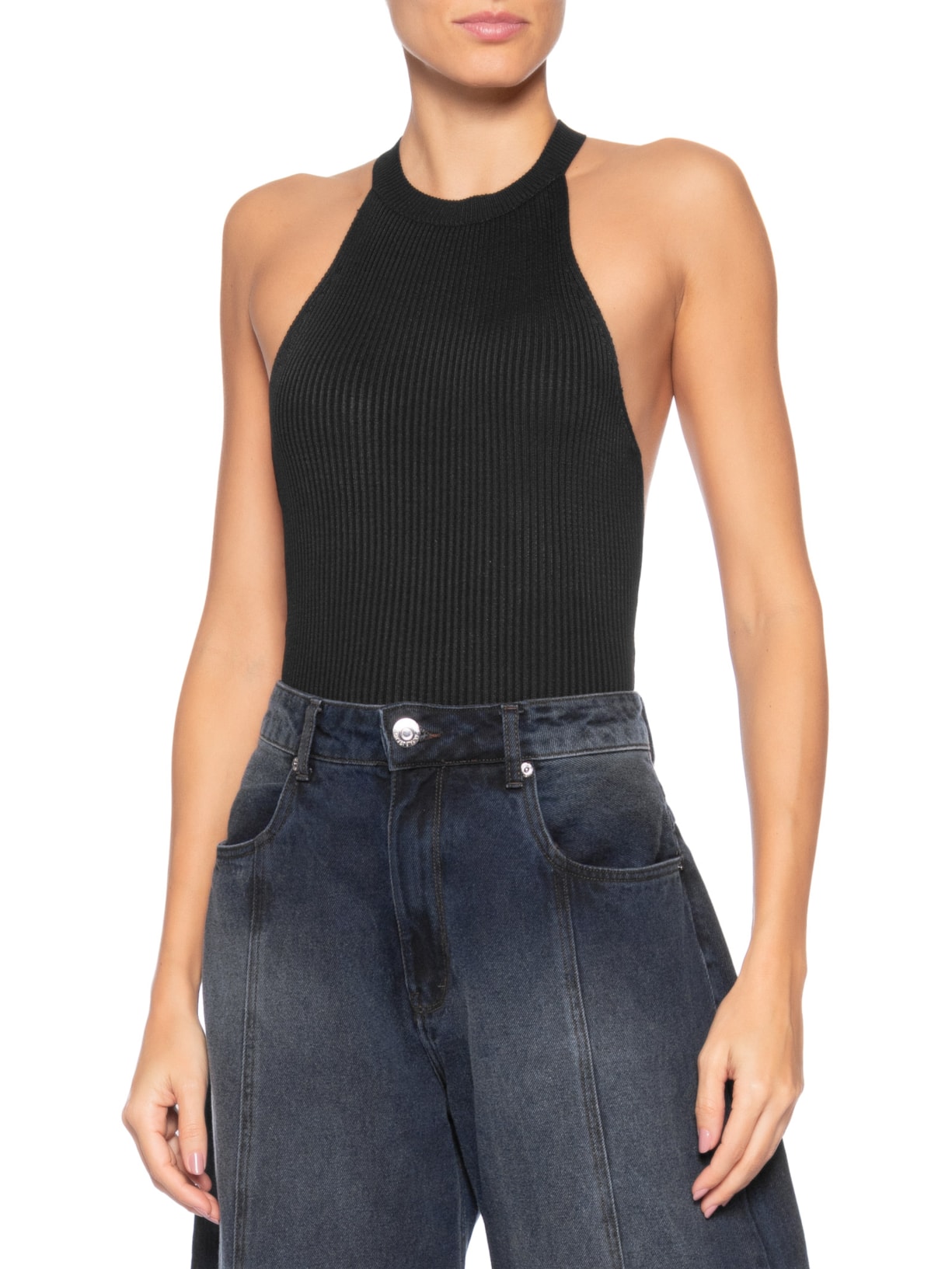 Regata Feminina de Tricot Decote Profundo Costas Preto Animale Jeans