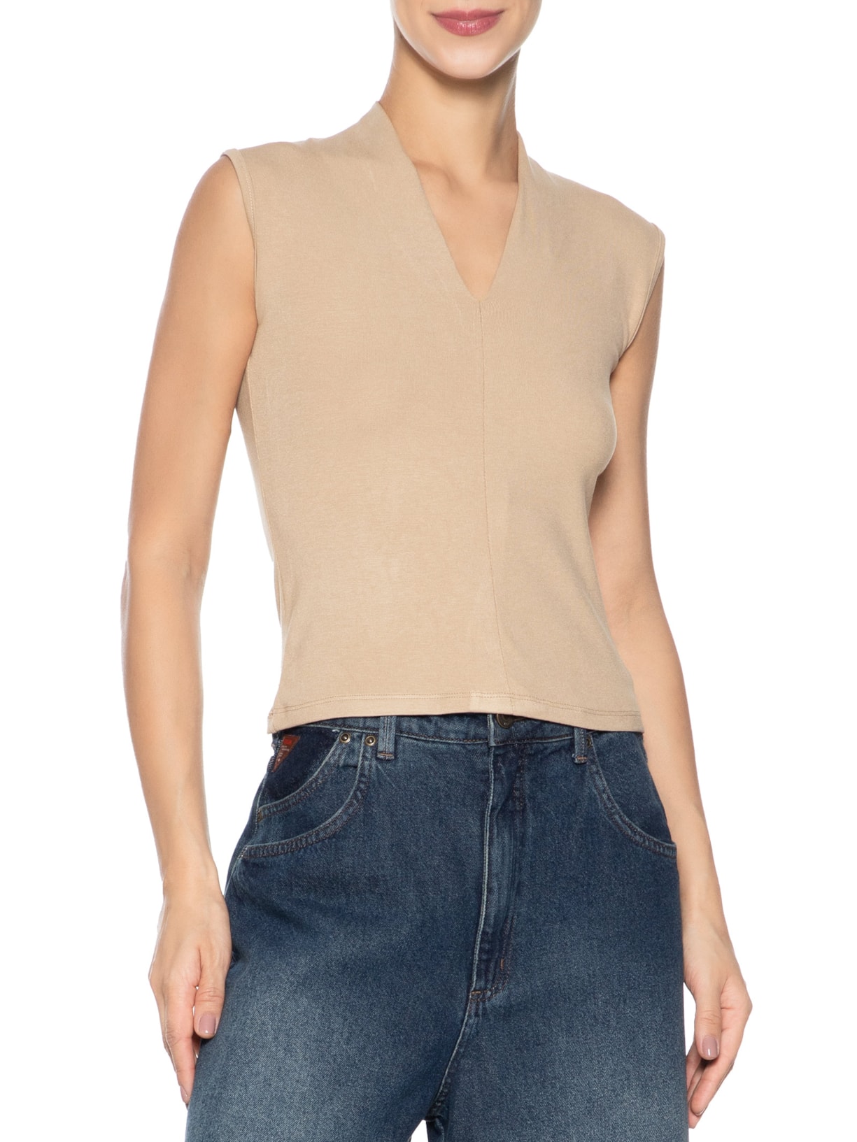 Regata Feminina Decote V Bege Basiq