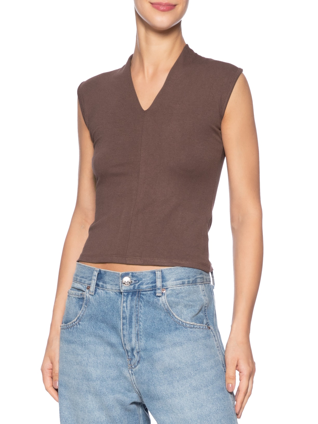 Regata Feminina Decote V Marrom Basiq