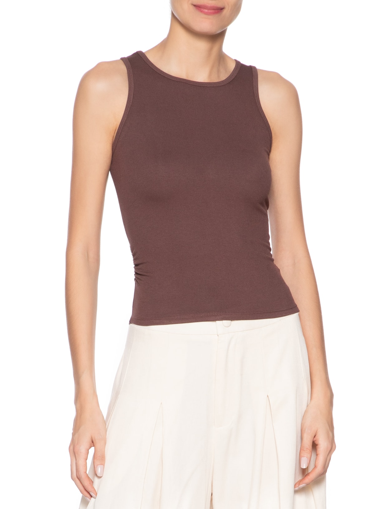 Regata Feminina Detalhe Drapeado Marrom Basiq