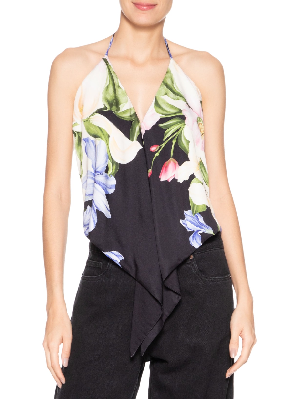 Regata Feminina Double Nó Céu De Flor Preto Farm