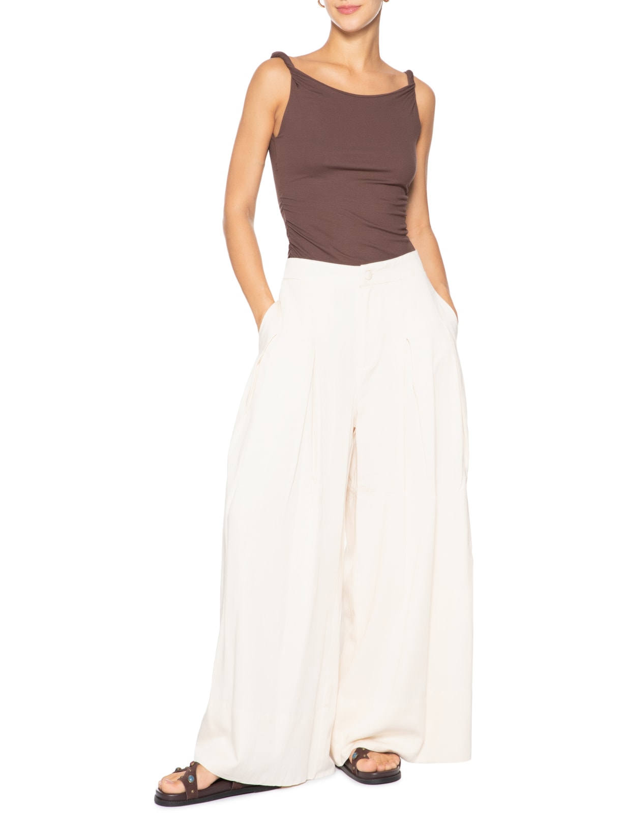 Regata Feminina Drapeada Marrom Basiq