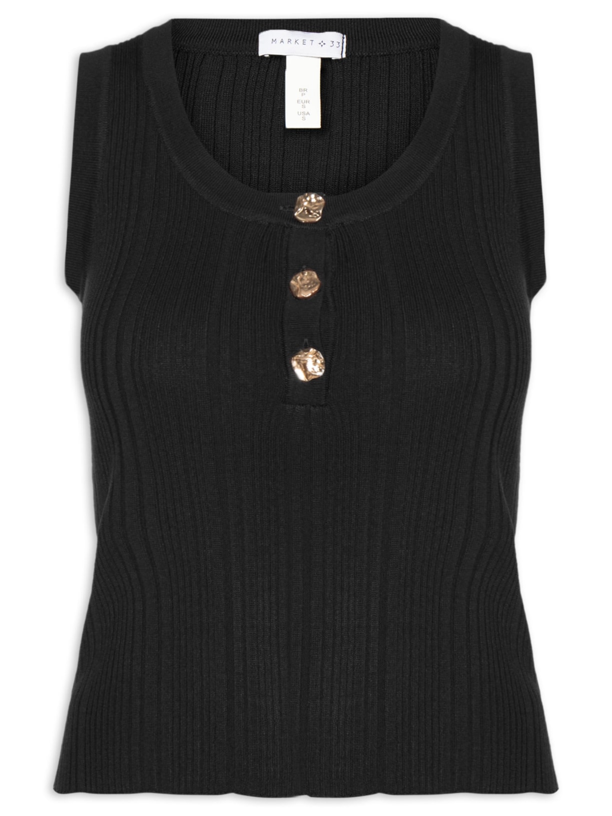 Regata Feminina em Tricot com Abotoamento - Preto