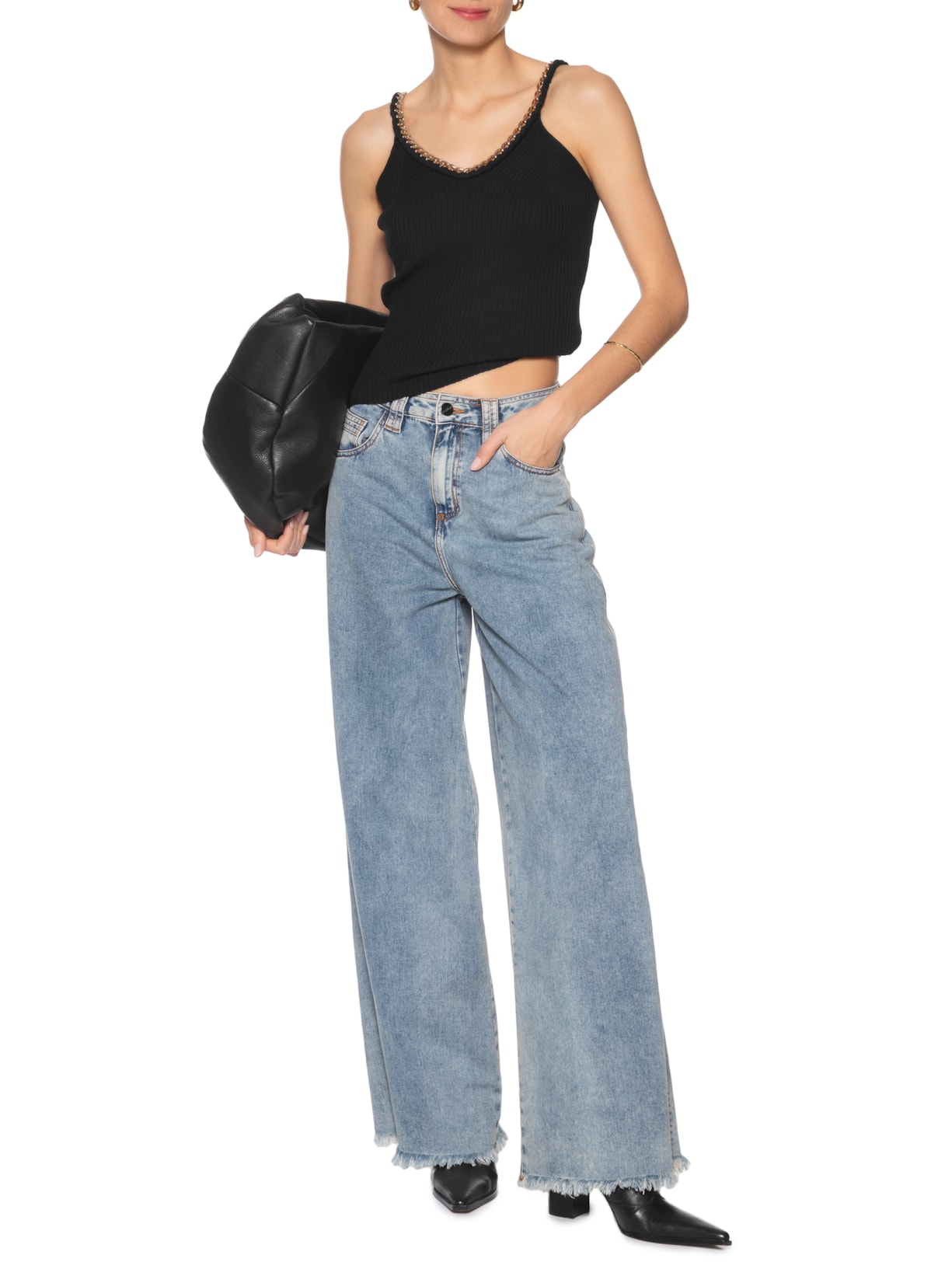 Regata Feminina Em Tricot Com Corrente Preto Market 33