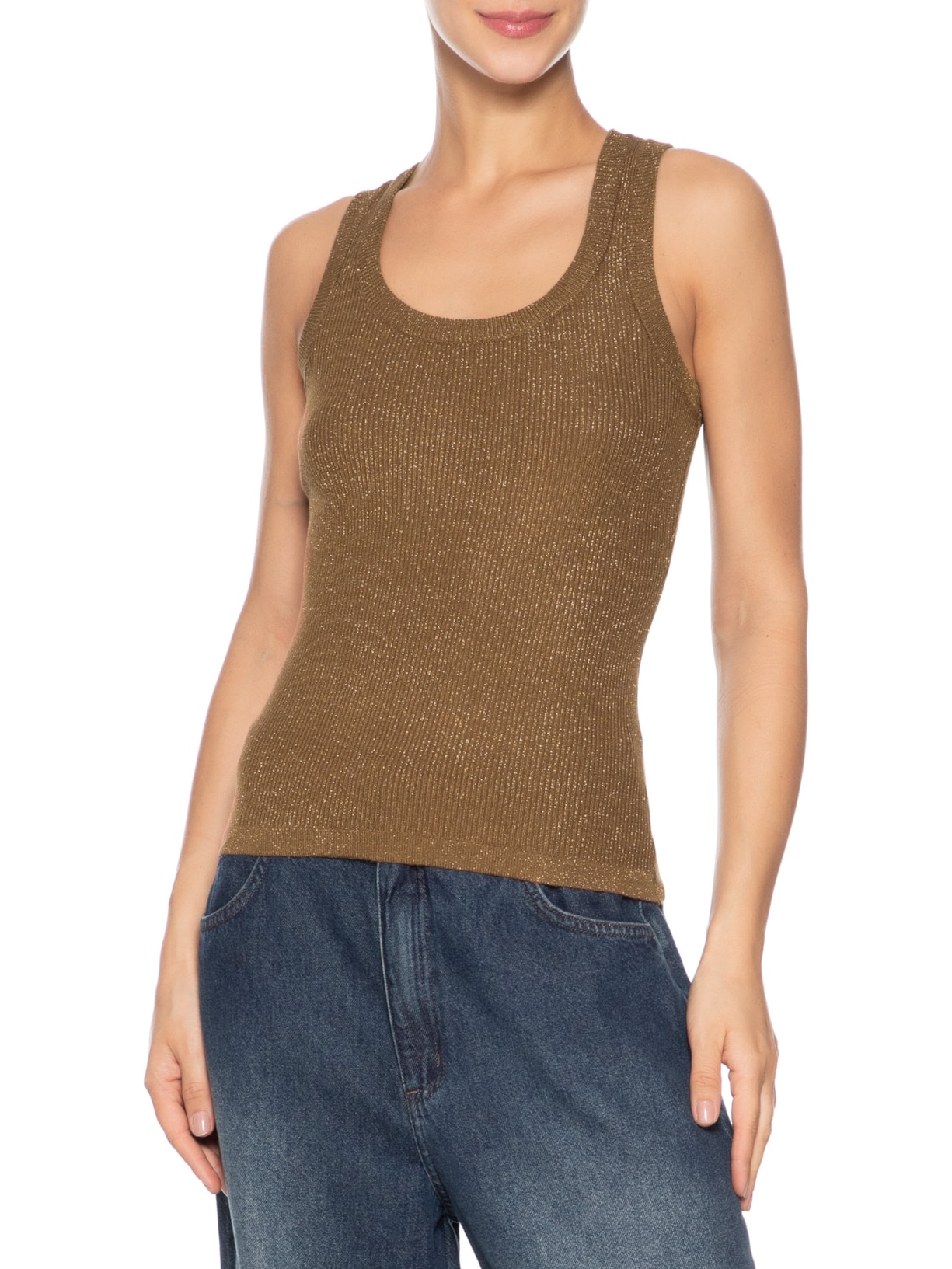 Regata Feminina Em Tricot com Lurex Marrom Market 33