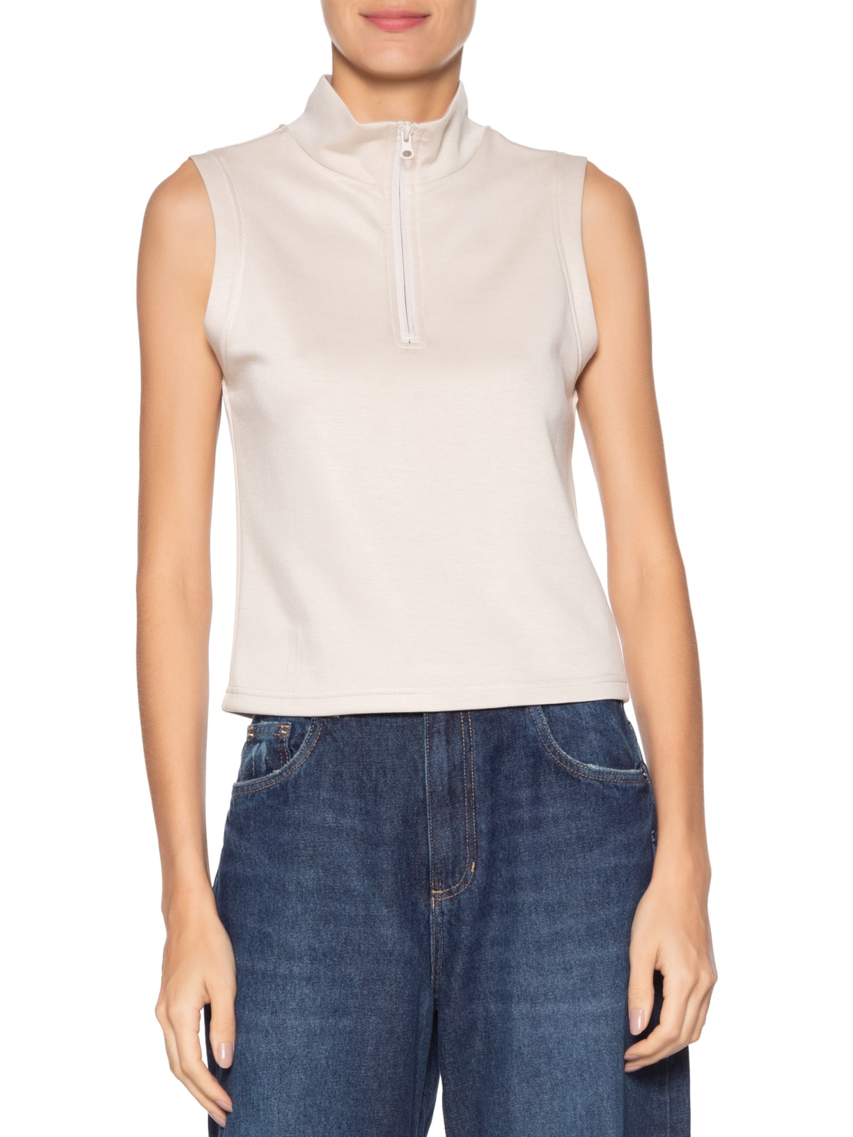 Regata Feminina Gola Alta Moletom Off White Basiq