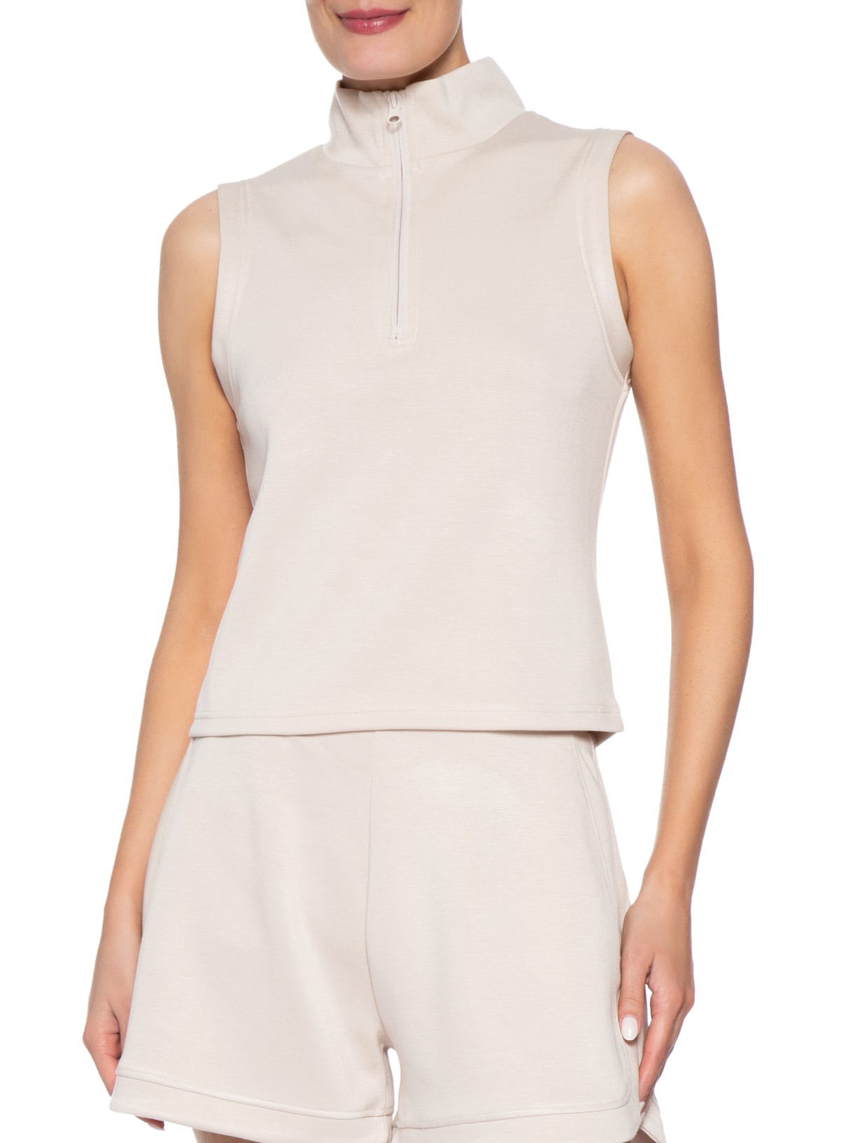 Regata Feminina Gola Alta Moletom Off White Basiq