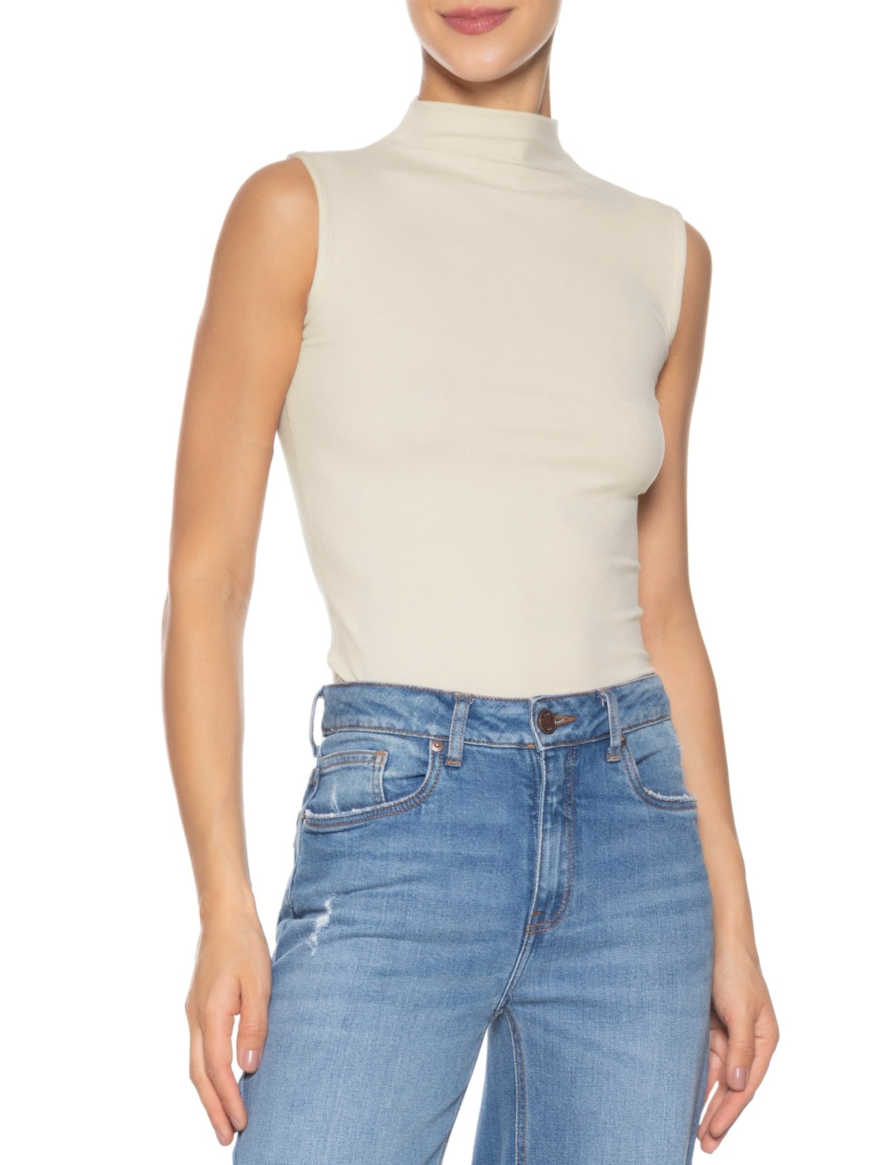 Regata Feminina Gola Alta Off White Basiq