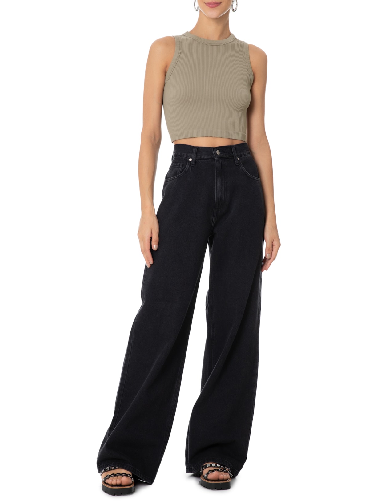 Regata Feminina Malha Canelada Cinza Basiq