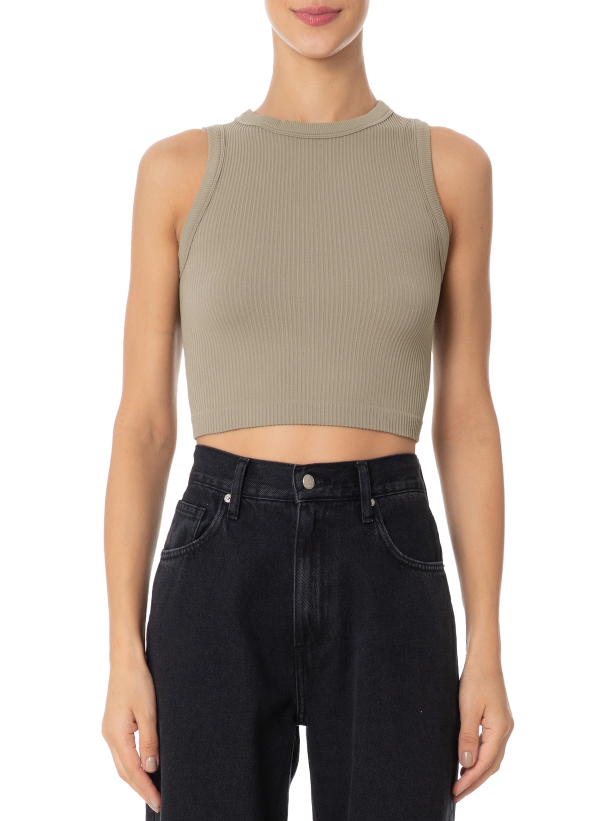 Regata Feminina Malha Canelada Cinza Basiq